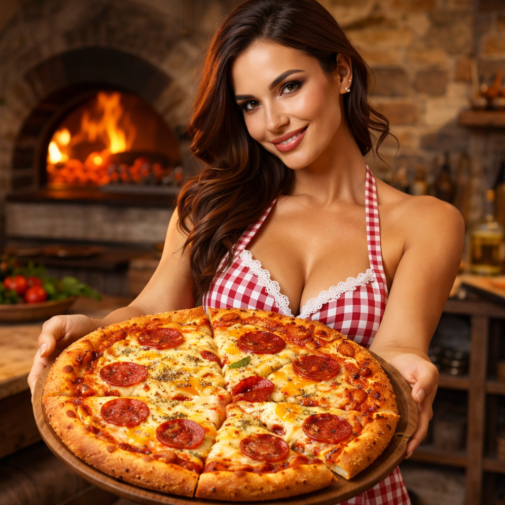 Elegant Italian in a fitted apron holding a hot cheesy pizza with melted mozzarella stretching over a crisp stone baked crust, captured in a traditional Italian pizzeria kitchen with a blazing wood fired oven and warm ambient lighting.