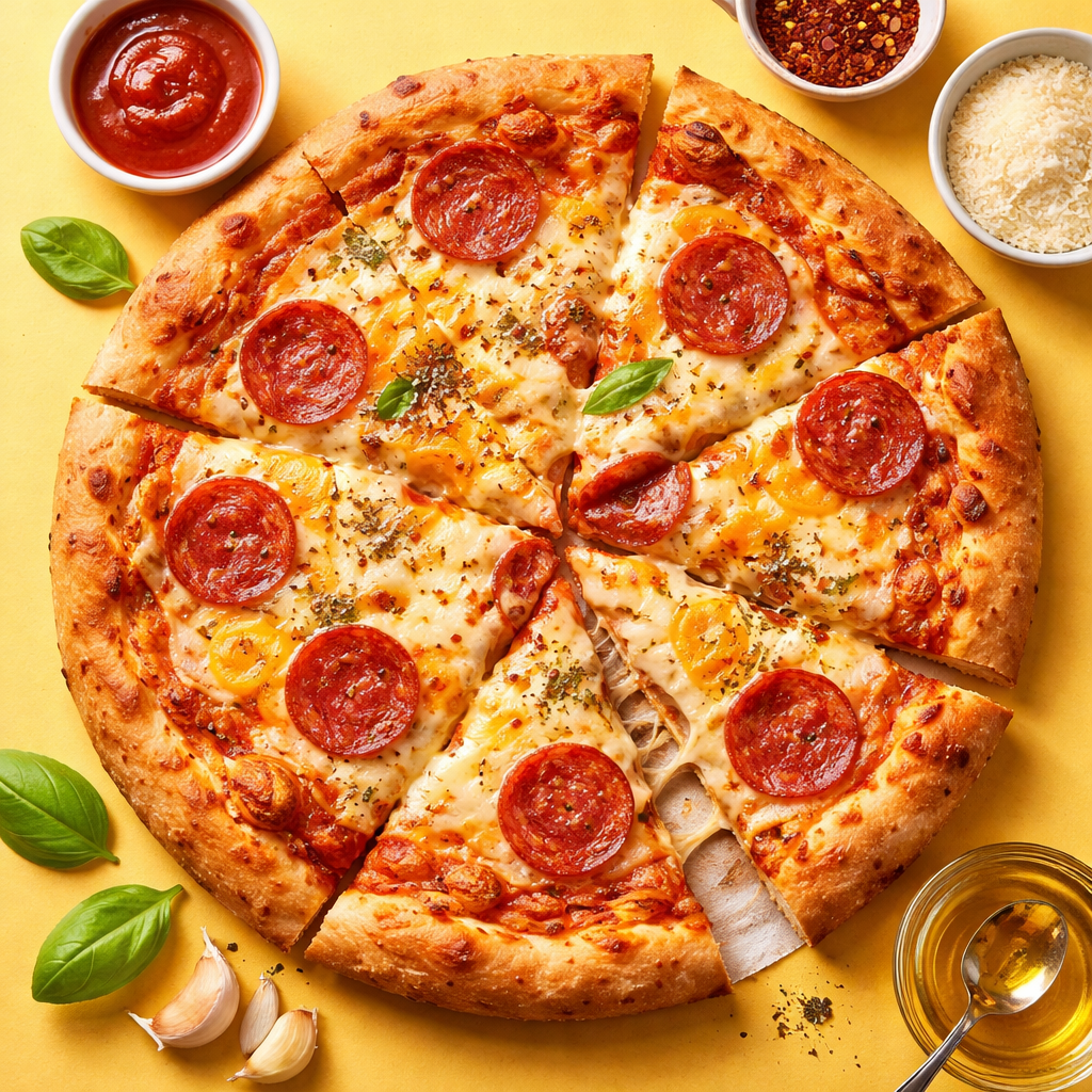 Top view of homemade cheesy pepperoni pizza with golden melted mozzarella on a single-color background, styled as clean and modern food photography.