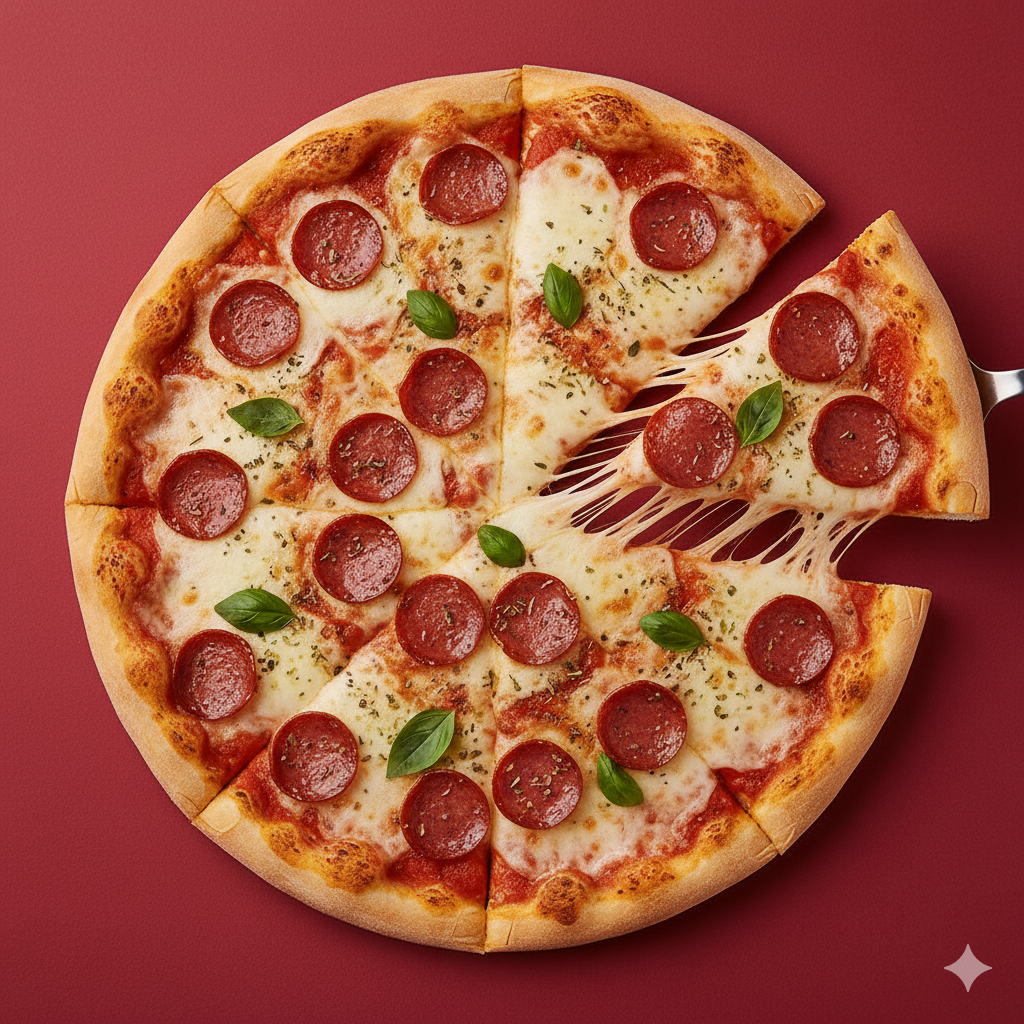 Professional top-down photography of a cheesy mozzarella pizza with fresh basil leaves on a solid red background, featuring a long cheese pull from one slice.