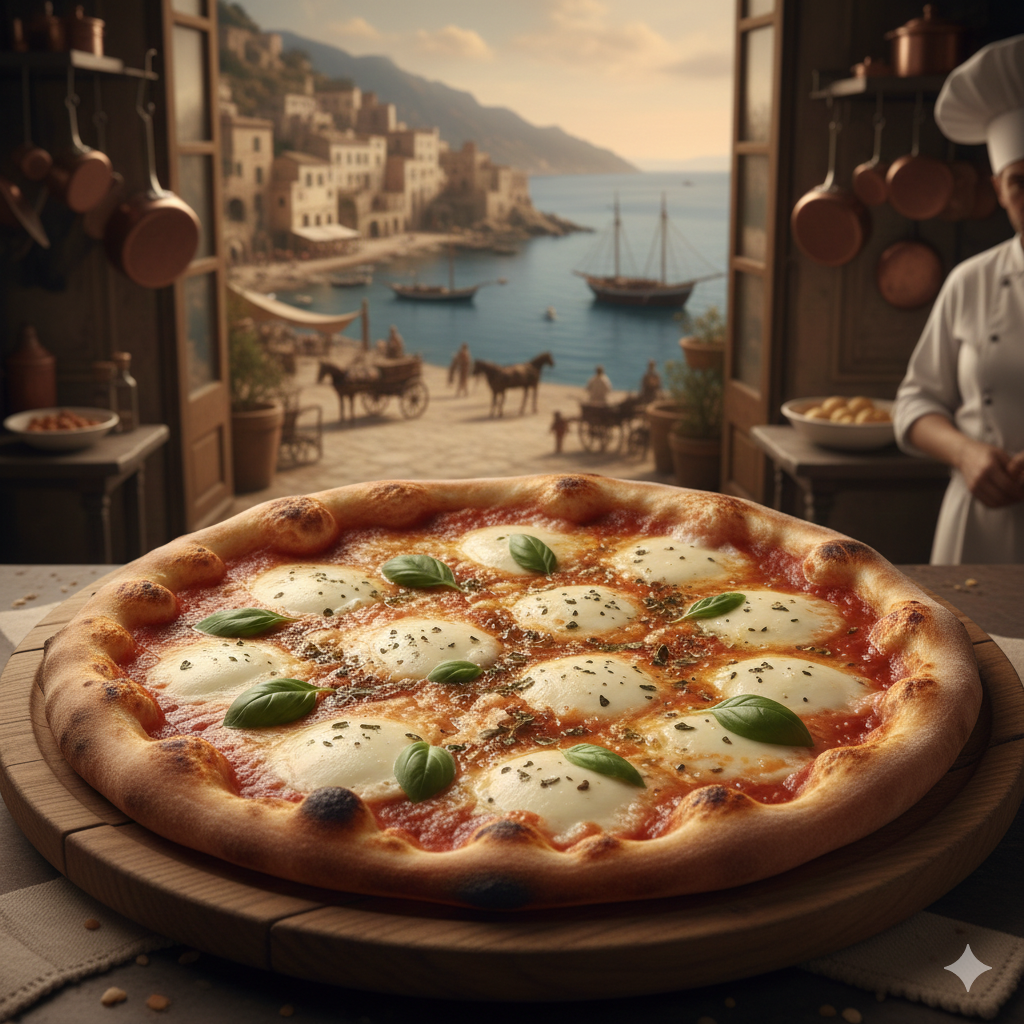 Artisanal Italian pizza prepared by a gourmet chef, styled with a vintage 1900s Italy aesthetic, featuring rustic textures and traditional mozzarella toppings.