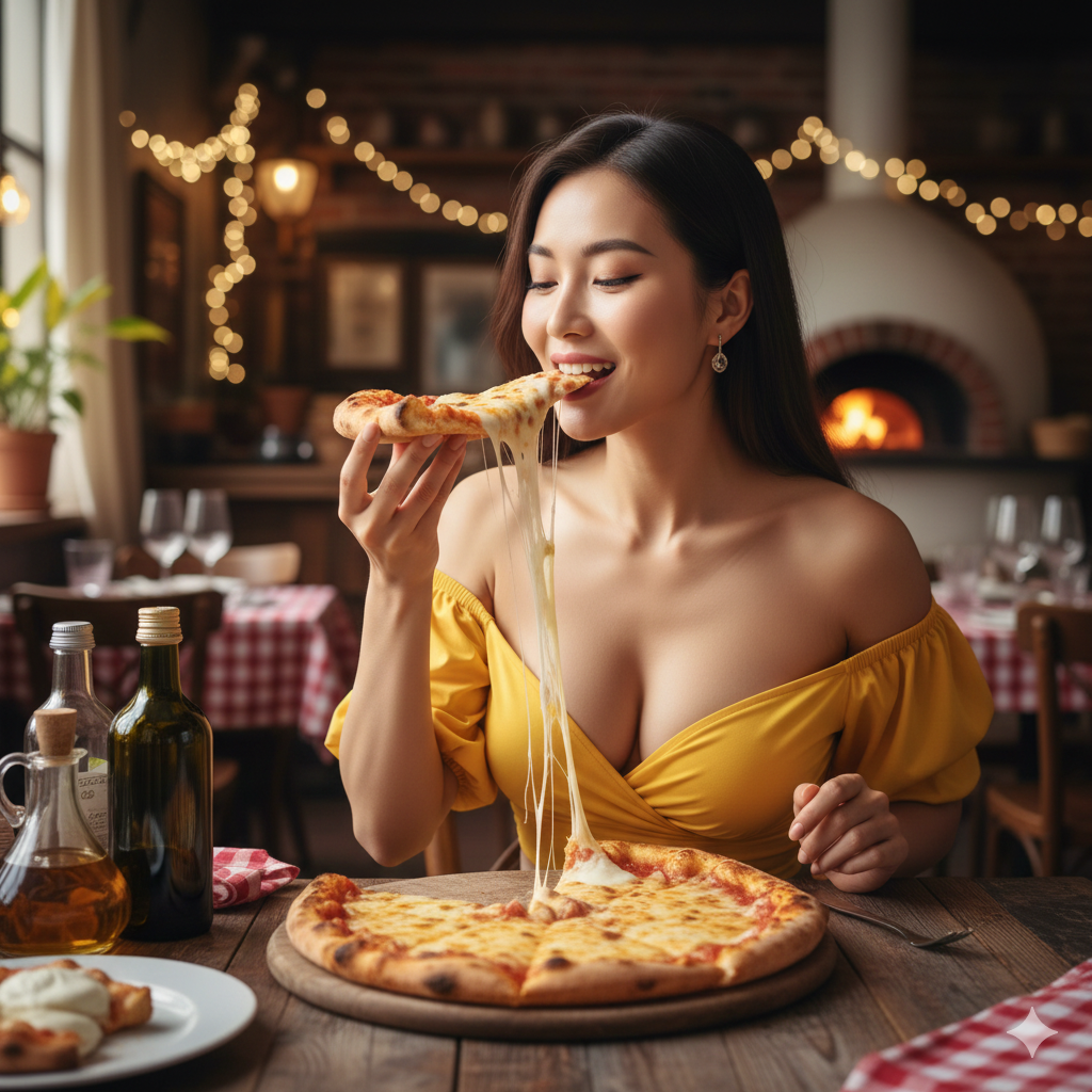 Overhead view of a freshly baked cheesy pizza with bubbling mozzarella and golden crisp crust, served on a wooden table inside a warm Italian restaurant with cinematic lighting and a softly blurred interior background.