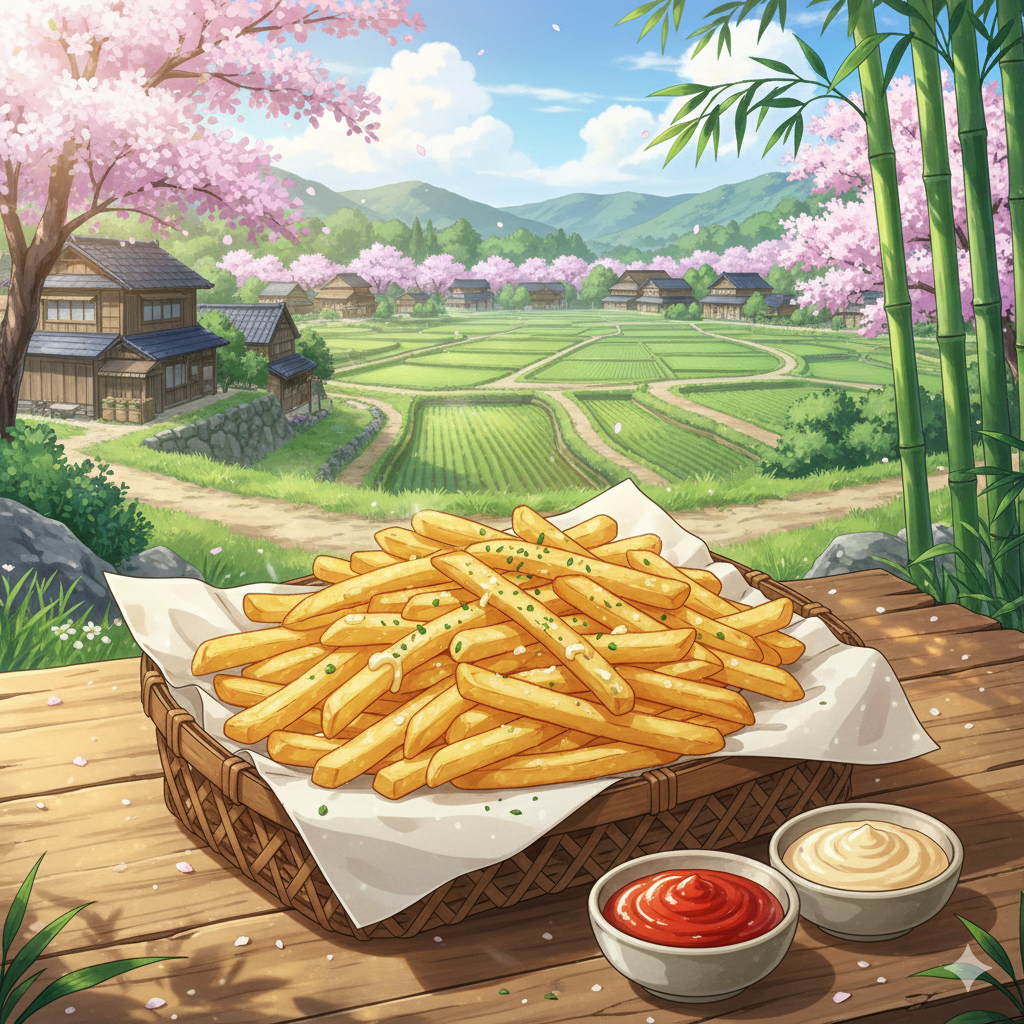 Delicious crispy french fries in a woven basket anime style art with a beautiful Japanese countryside landscape featuring cherry blossoms and rice fields
