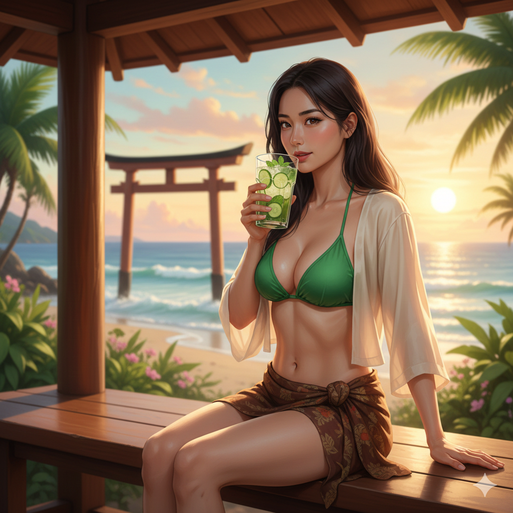 Fresh cucumber juice with light condensation and vibrant green color, styled on a stone surface overlooking the sea near a traditional coastal temple, captured in warm summer lighting to reflect a healthy travel lifestyle.