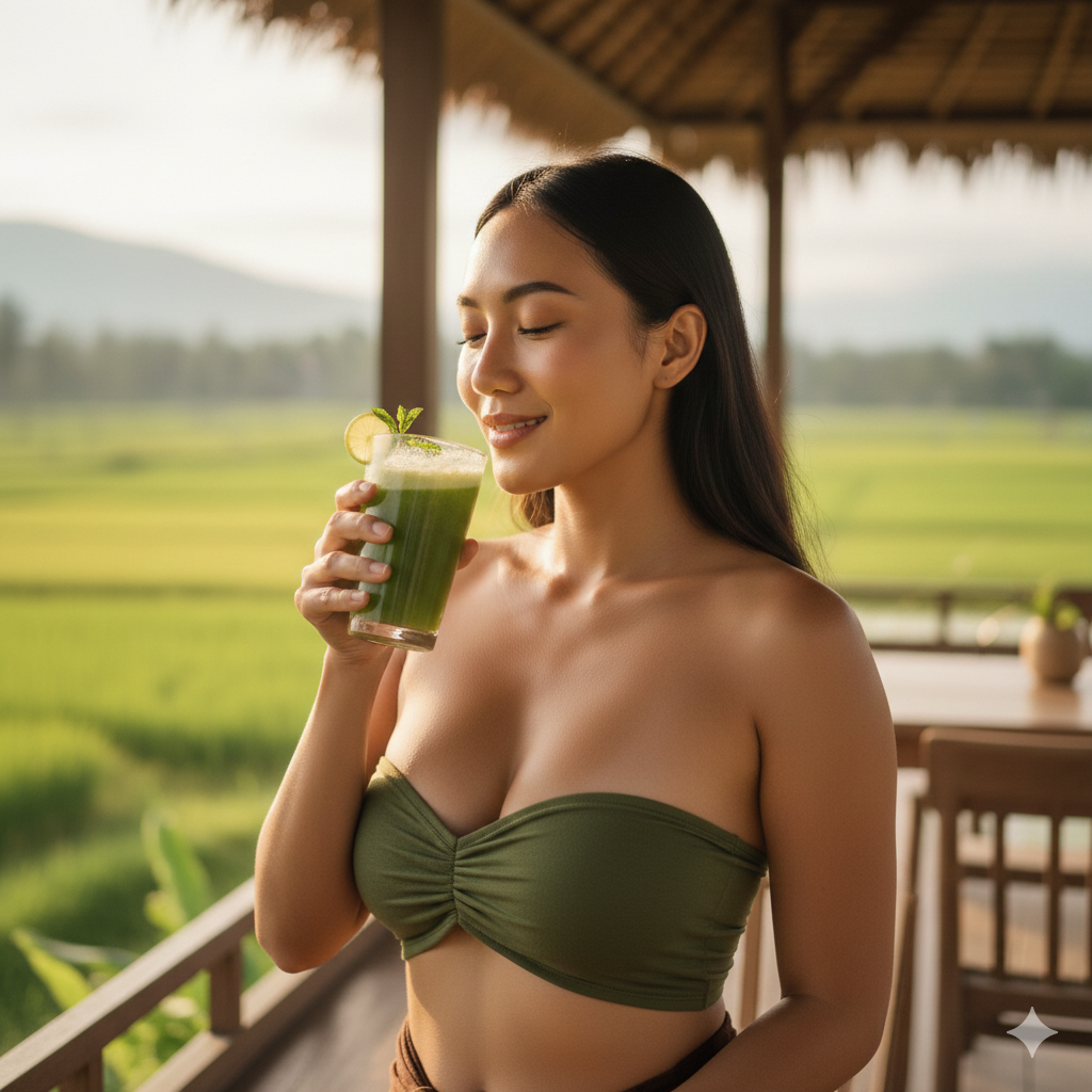 Fresh cucumber juice in a clear glass with visible cucumber slices and light condensation, served on a wooden table inside a cozy cottage surrounded by lush green rice fields, captured in soft natural light to create a peaceful and serene healthy lifestyle atmosphere.