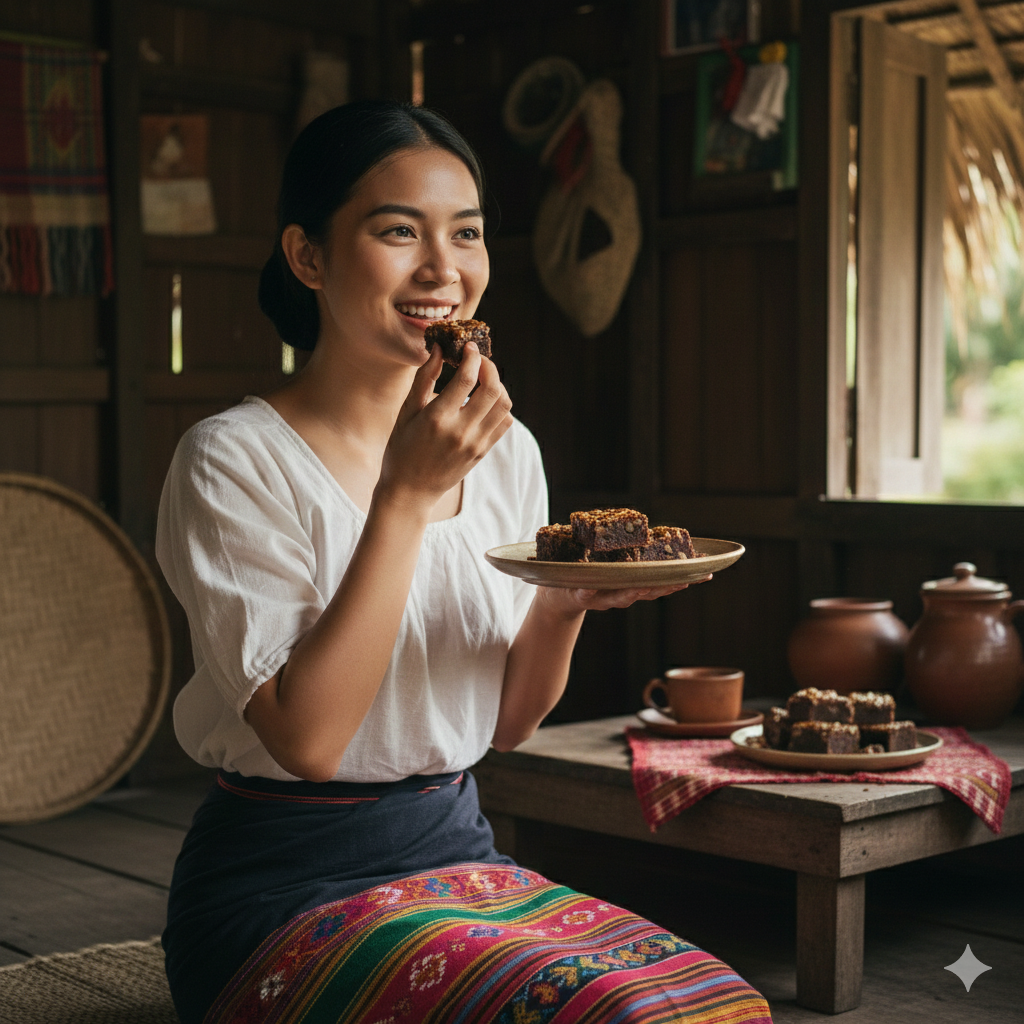 Young village woman with a genuine smile taking a bite of a moist Food for the Gods bar topped with chopped walnuts, sitting in a rustic traditional house with wooden walls and soft daylight, reflecting a simple and balanced lifestyle.