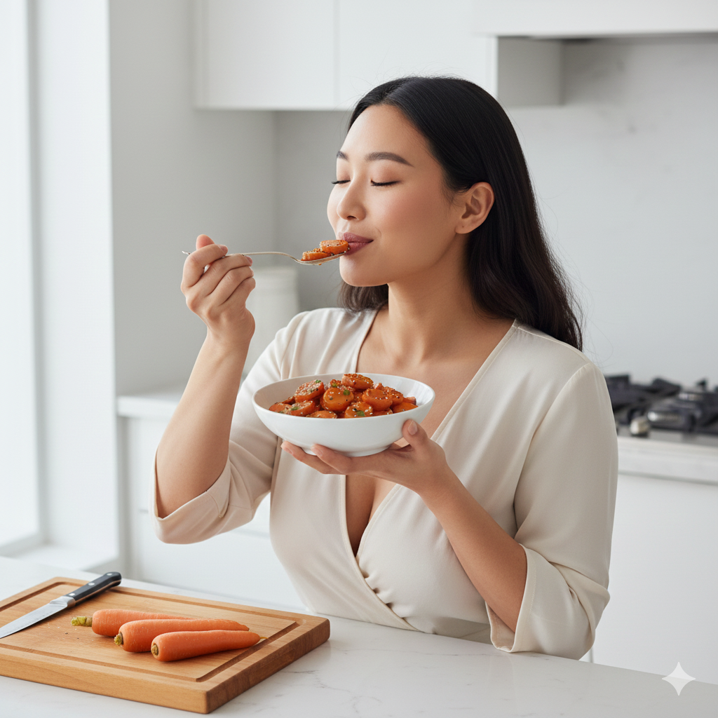 Close-up of sliced glazed carrots with parsley garnish, glistening brown sugar glaze, gourmet vegetable dish, high resolution food styling.