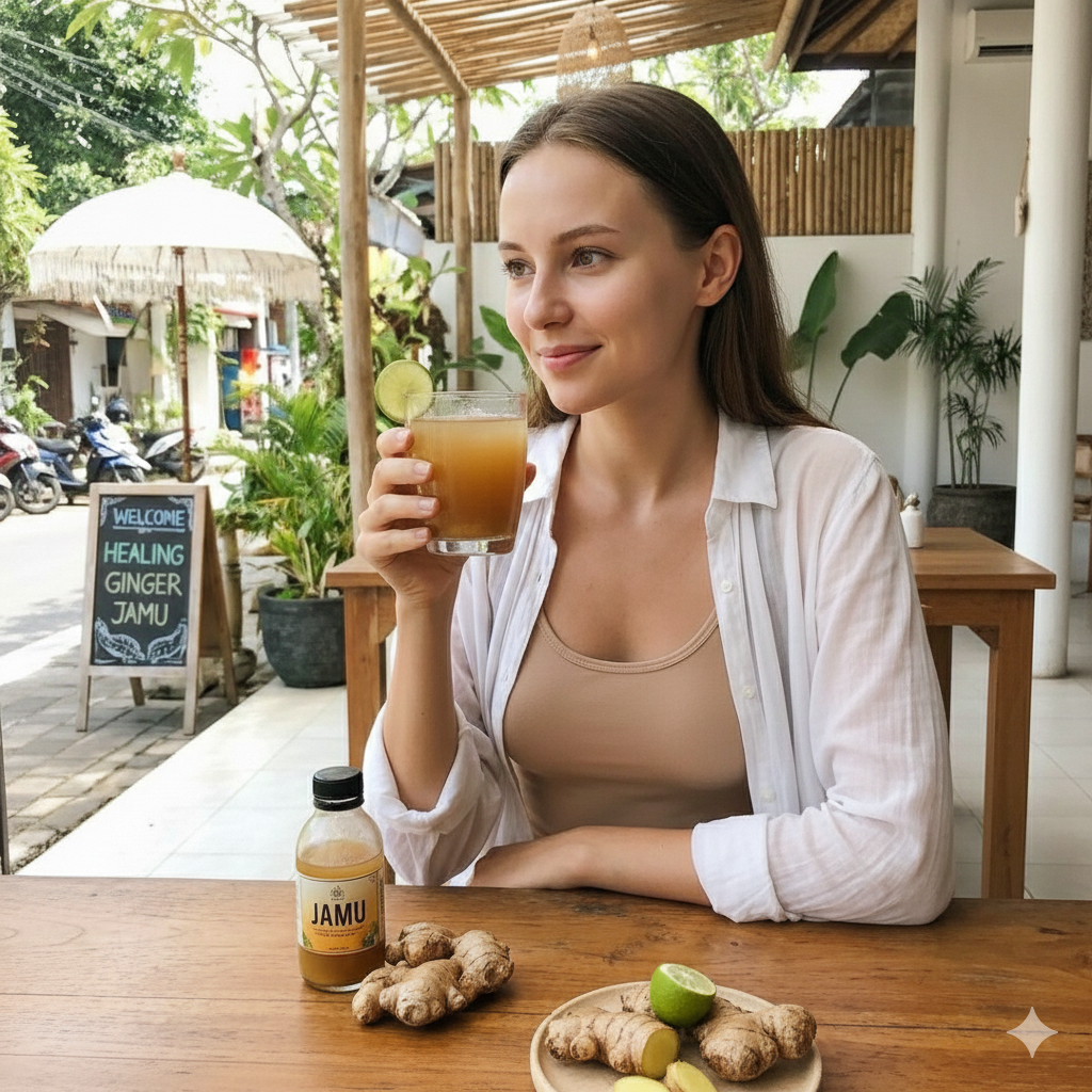 Golden amber Healing Ginger Jamu brewed with crushed ginger and traditional spices, served warm in a transparent cup with light steam rising, styled in a calm setting to highlight a healthy herbal lifestyle.