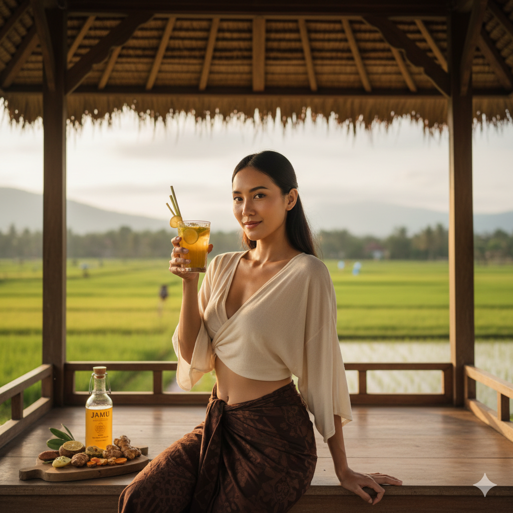 Warm Healing Ginger Jamu served in a clear glass with light steam rising, styled in a serene wooden gazebo environment with natural greenery in the background, representing an authentic traditional herbal wellness concept.