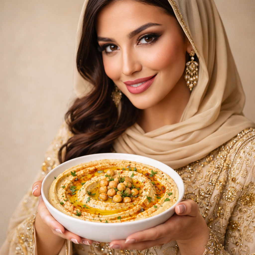  bowl of creamy hummus, wearing traditional outfit, soft lighting, aesthetic food presentation