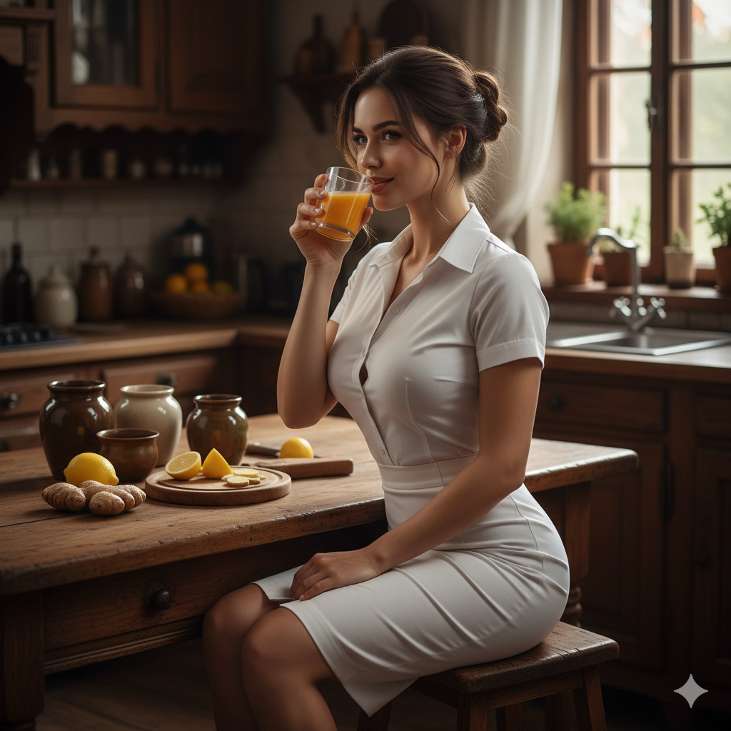 Fresh ginger lemon shot in a small clear glass with vibrant golden color and visible ginger pulp, placed on a rustic wooden kitchen table with natural morning sunlight highlighting a healthy daily wellness routine.