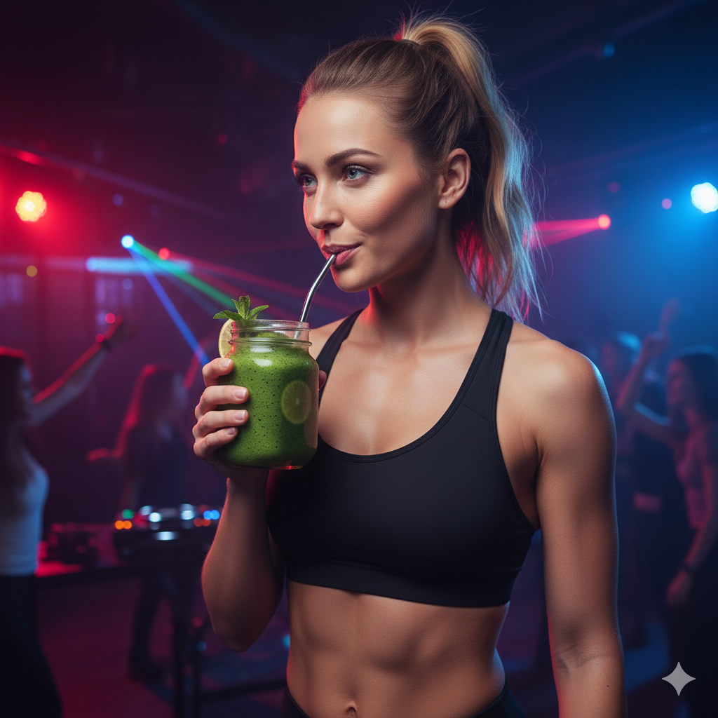 Fresh green smoothie in a clear reusable cup with visible blended spinach and kiwi texture, topped with mint leaves and light condensation on the glass, styled in a modern social setting to represent an active and healthy lifestyle concept.