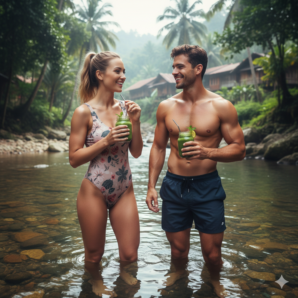 Fresh green detox drink in a clear glass bottle with mint leaves and citrus slices, placed on a riverside picnic setup during summer, surrounded by natural sunlight, smooth river stones, and lush greenery to represent a healthy outdoor leisure concept.