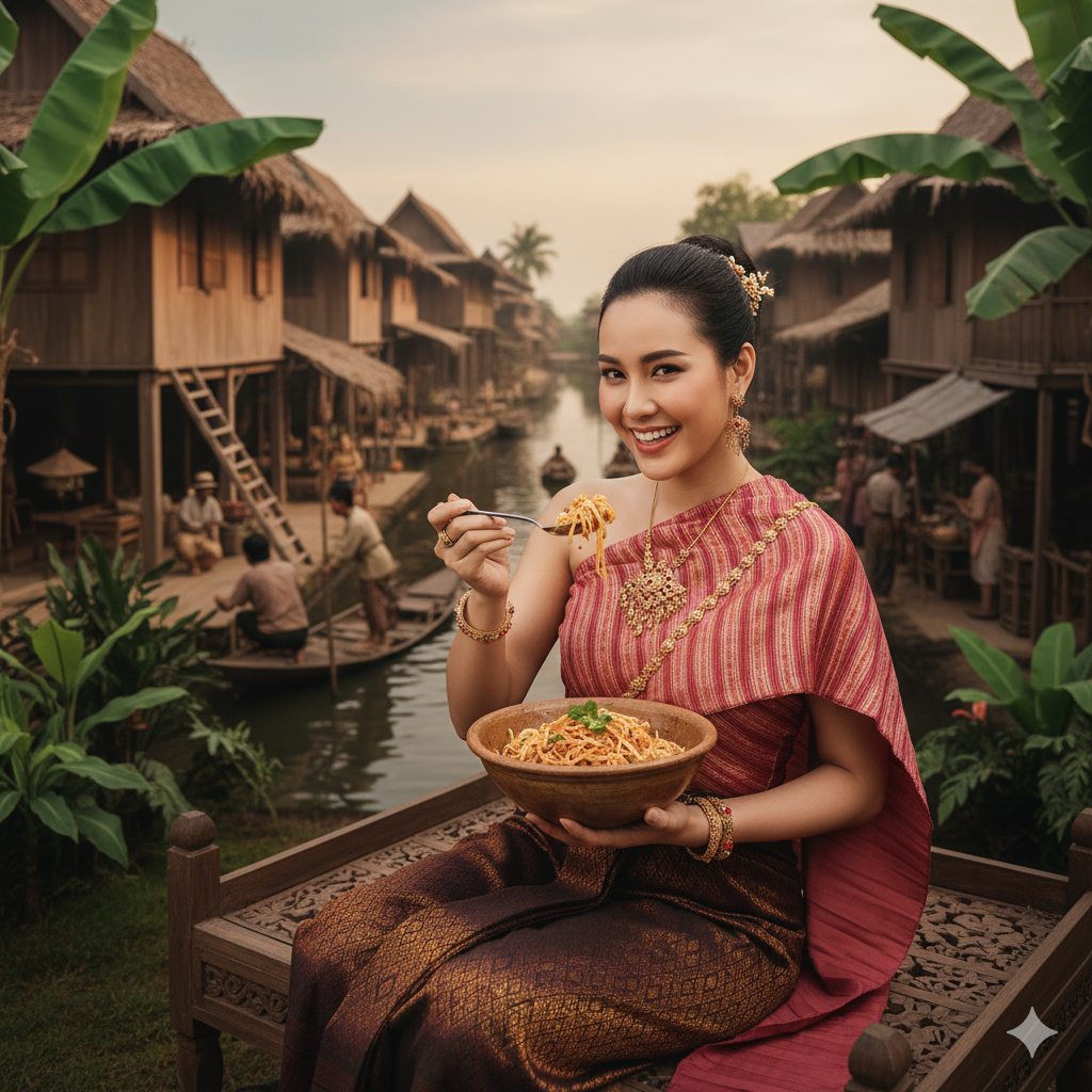 Authentic Pad Thai with glossy stir fried noodles, shrimp, tofu, bean sprouts, and chopped peanuts, plated on a rustic wooden surface with a scenic backdrop of traditional Thai floating houses and wooden boats along a calm river, evoking the atmosphere of old Thailand.