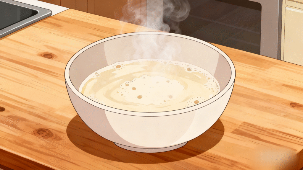 Instant yeast mixed with warm water and sugar in a bowl, beginning the fermentation process for pizza dough.