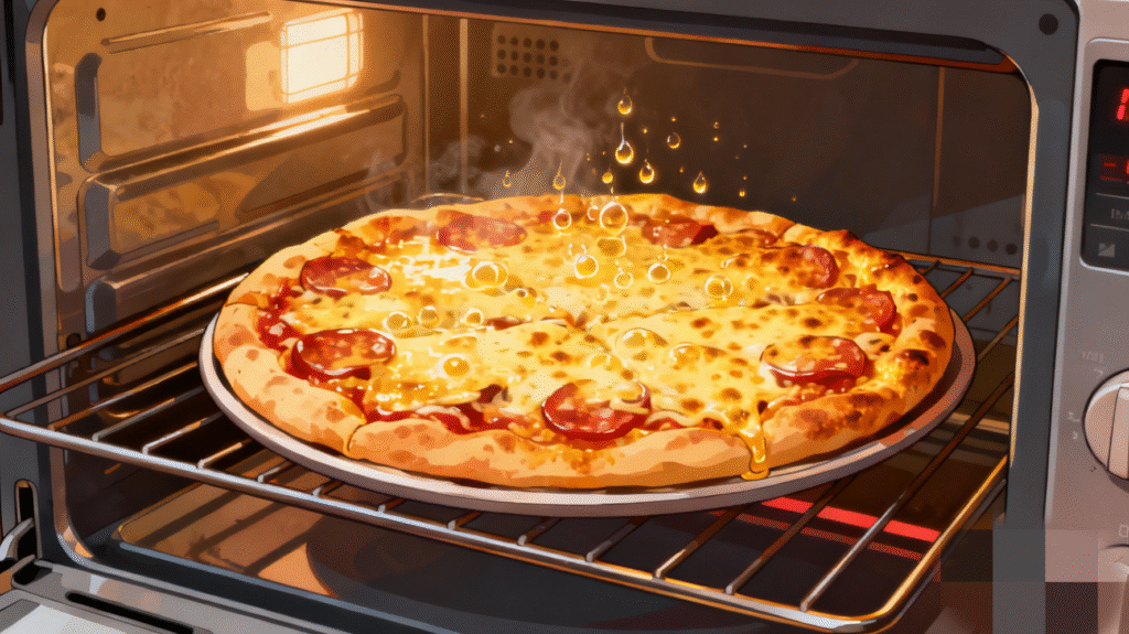 Freshly baked homemade cheesy pizza sliced and ready to serve with melted cheese and crispy crust.