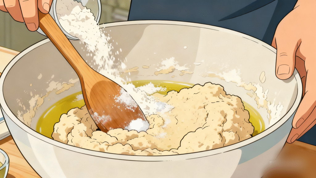 All-purpose flour, yeast mixture, olive oil, and salt being mixed together to form soft pizza dough.