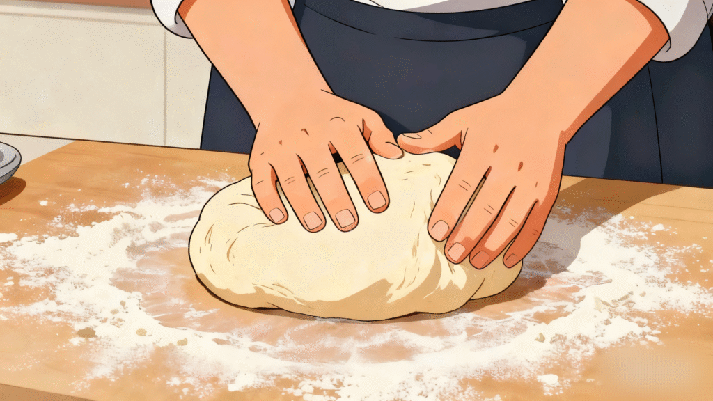 Hands kneading pizza dough on a floured surface until smooth and elastic.