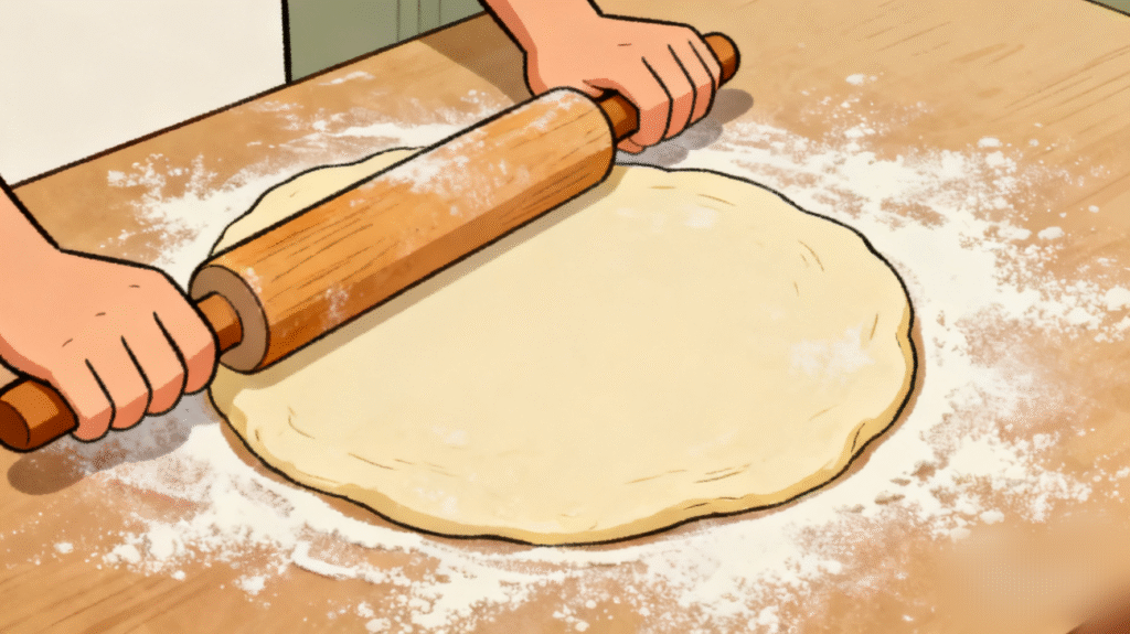 Pizza dough rolled into a round shape using a rolling pin on a kitchen countertop.