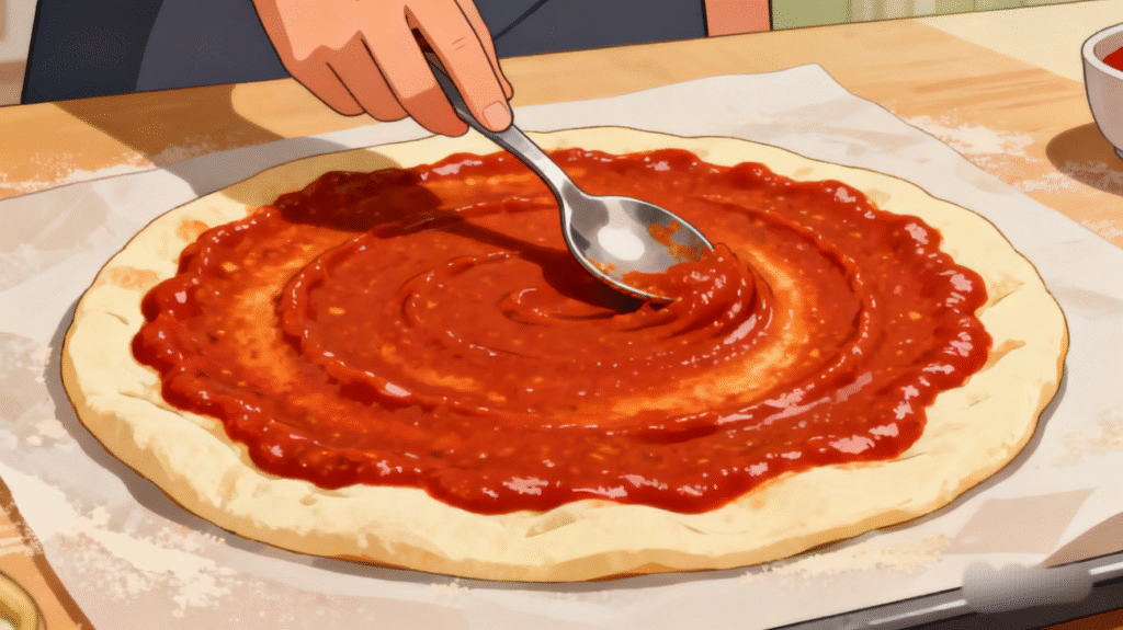 Tomato pizza sauce evenly spread over rolled pizza dough before adding cheese.
