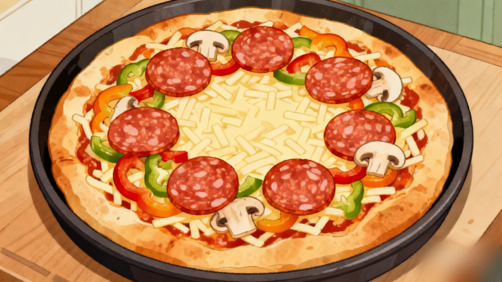 Pepperoni slices placed evenly on top of cheesy pizza before baking.