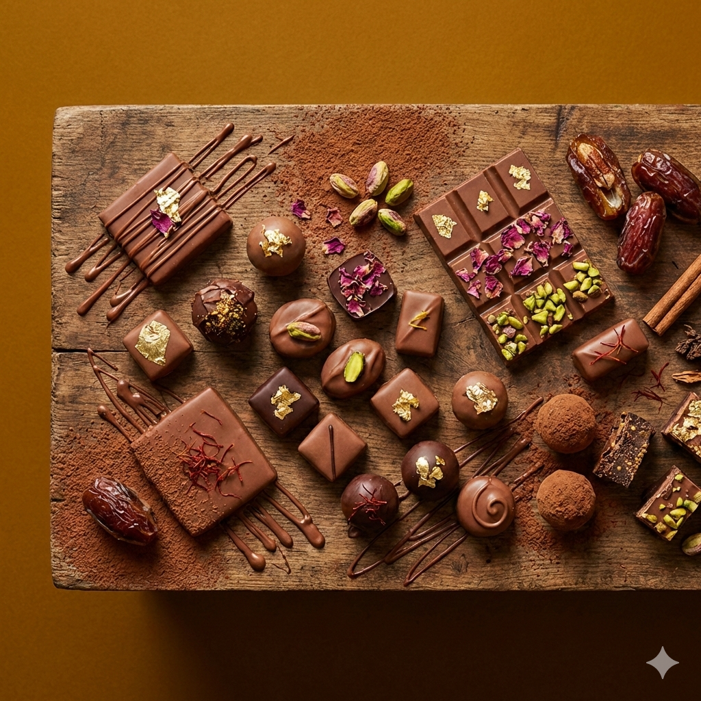 Top-down view of luxury Dubai chocolate assortments with pistachio, kunafa, and gold leaf on a rustic wooden board