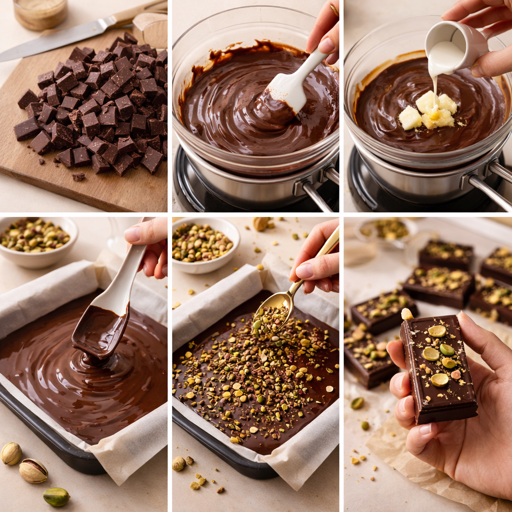 All steps for Dubai chocolate recipe are divided into 6 steps in one detailed picture.