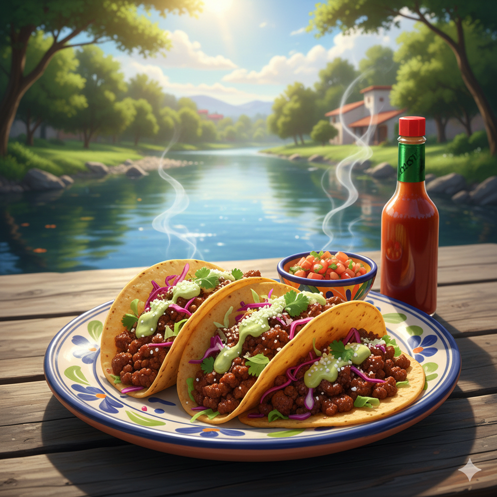 High-quality anime style illustration of steaming beef tacos on a wooden table by a scenic river.