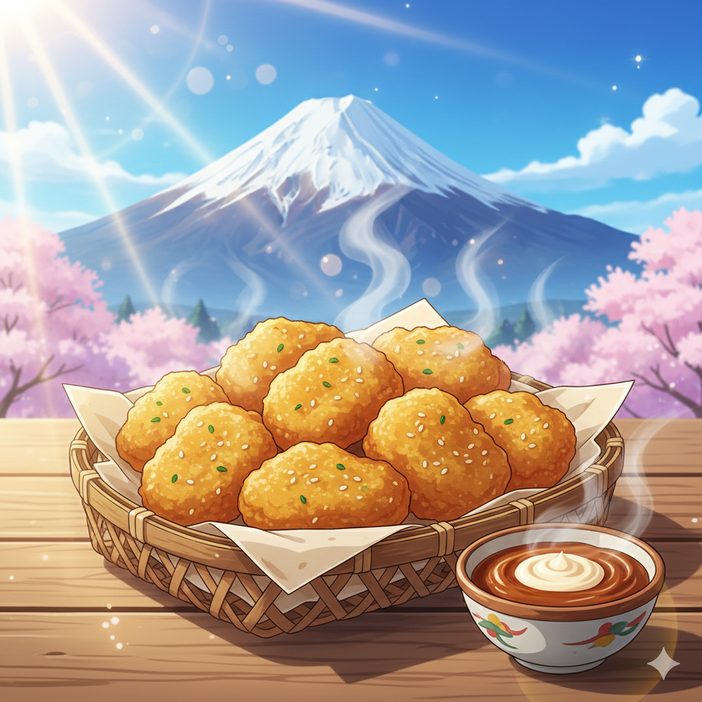 Delicious anime-style chicken nuggets in a bamboo basket on a wooden table with a scenic view of Mount Fuji and cherry blossoms in the background