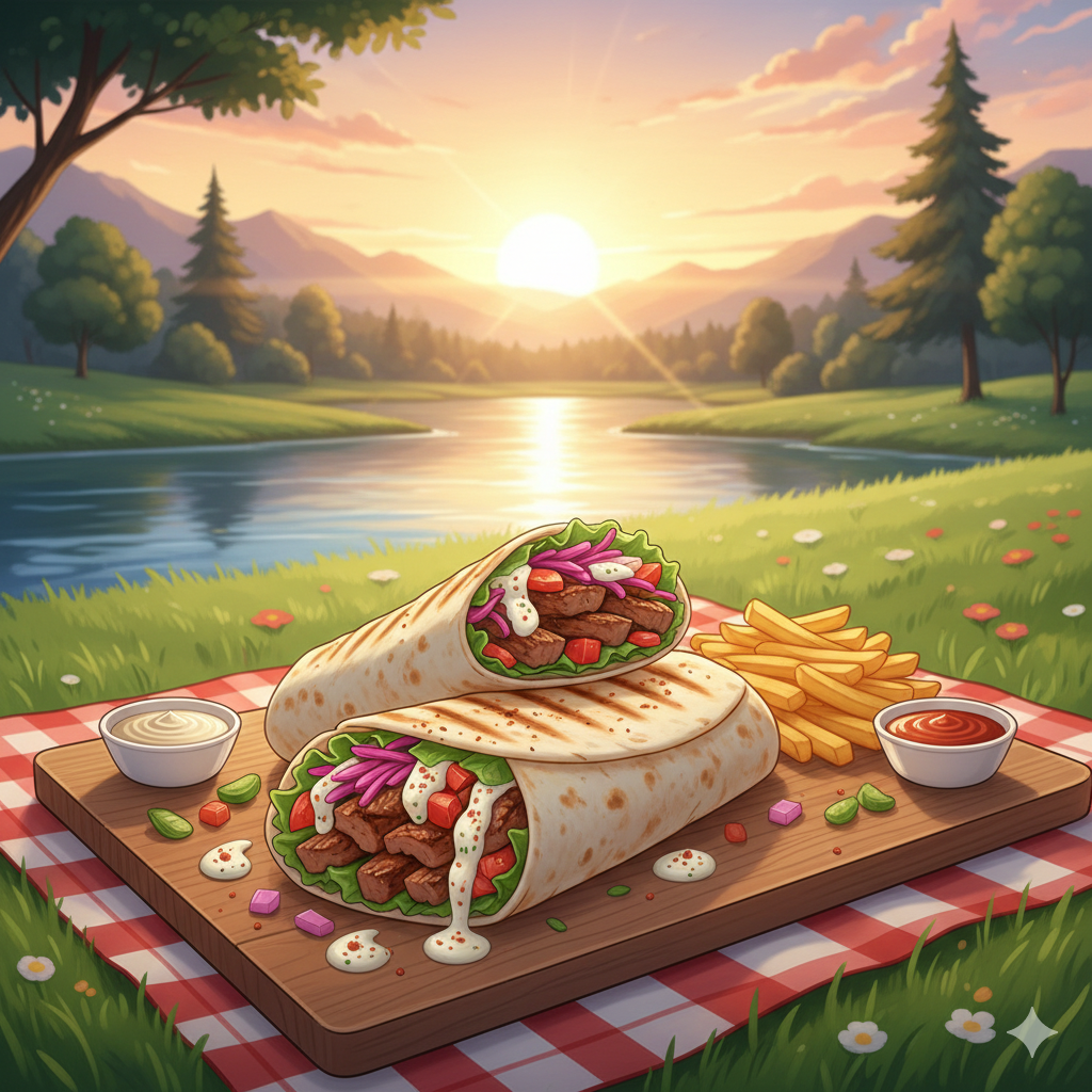 Vibrant anime art of a delicious Shawarma wrap picnic by a beautiful river at sunset
