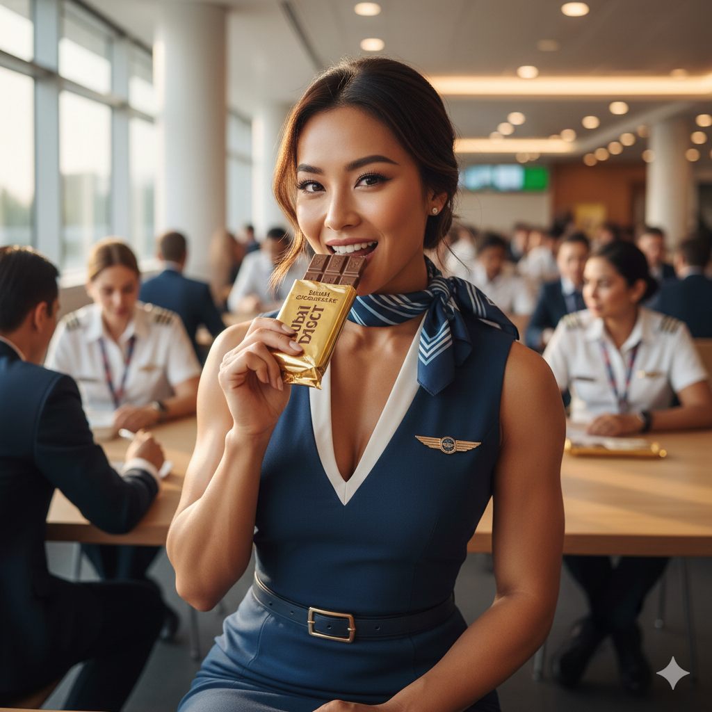 Smiling and eating Dubai chocolate in a bright cafeteria setting