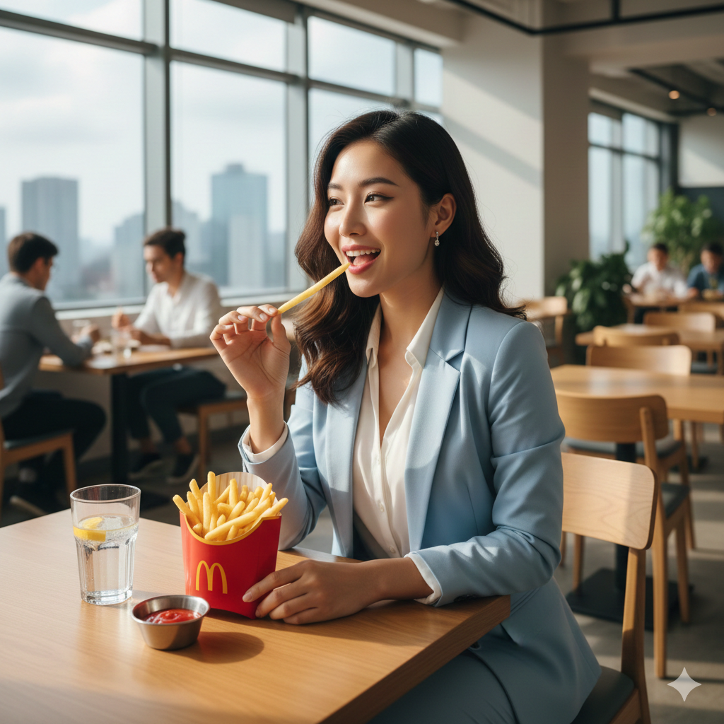 Beautiful Asian woman in light blue office blazer smiling and eating golden french fries at a bright corporate canteen with city view