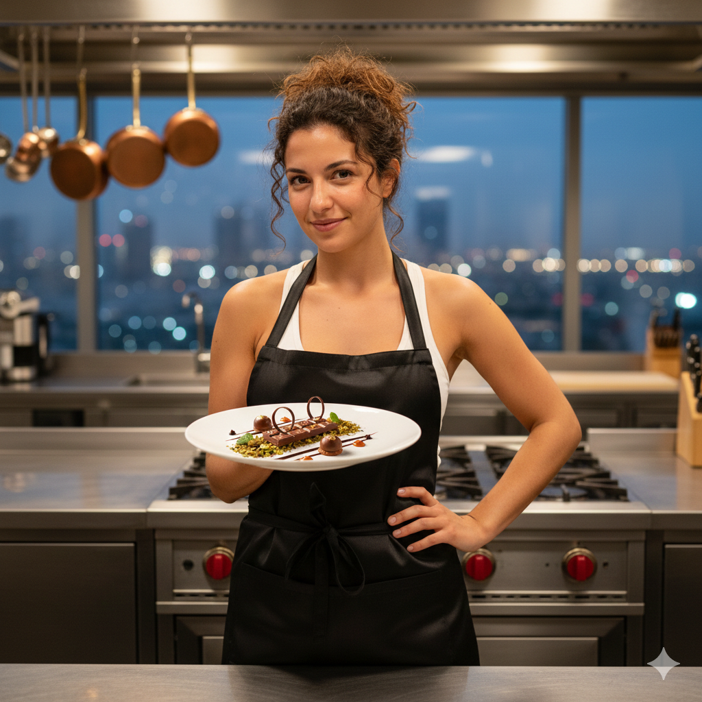 A beautiful Italian woman wearing an apron presenting a handmade Dubai chocolate bar in a warm, rustic kitchen
