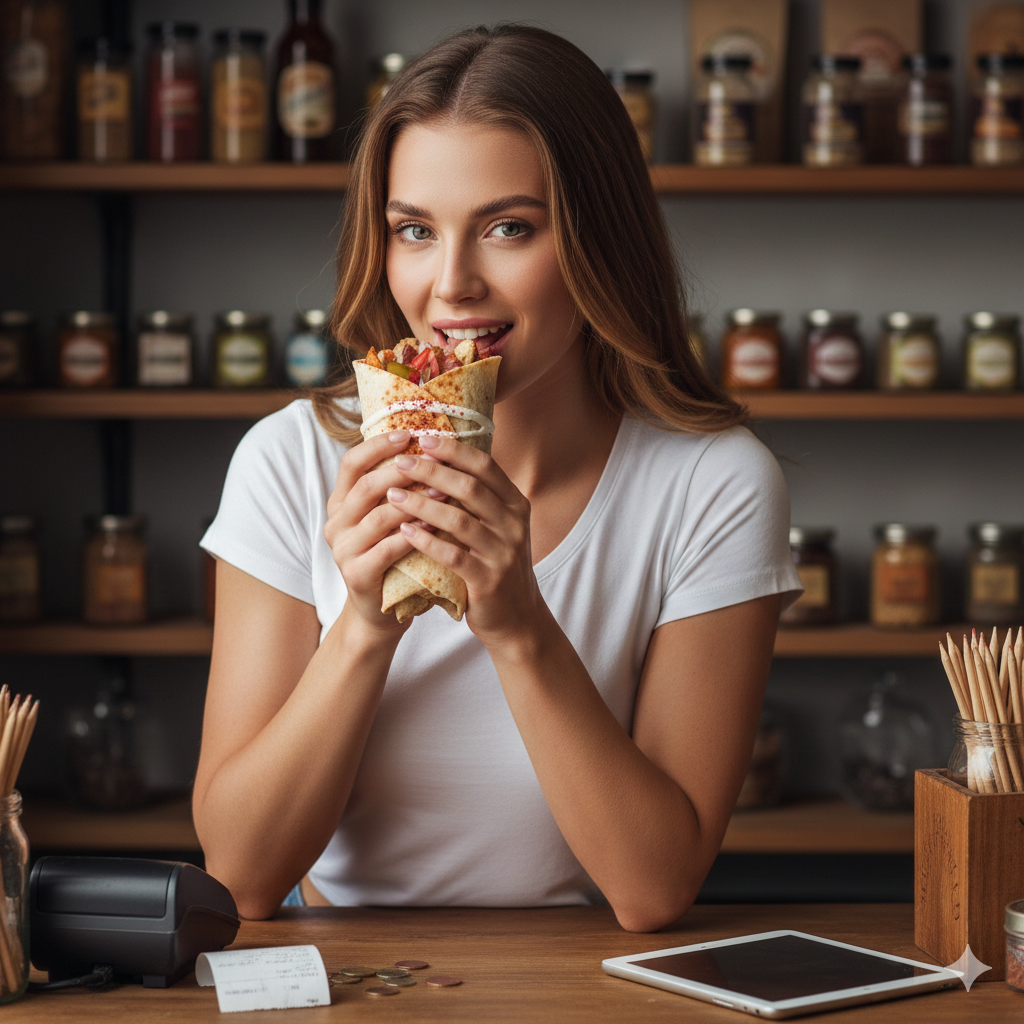 A beautiful young woman smiling and enjoying a fresh Shawarma wrap at a shop counter