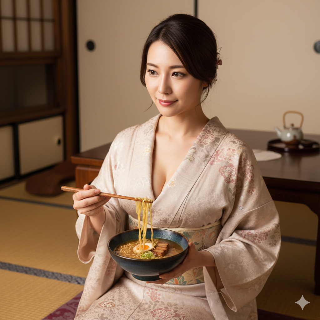 Hot ramen bowl featuring rich aromatic broth, chewy noodles, marinated pork, and half soft boiled egg, styled on a wooden table in a traditional teahouse setting with gentle steam rising to highlight comfort and authenticity.