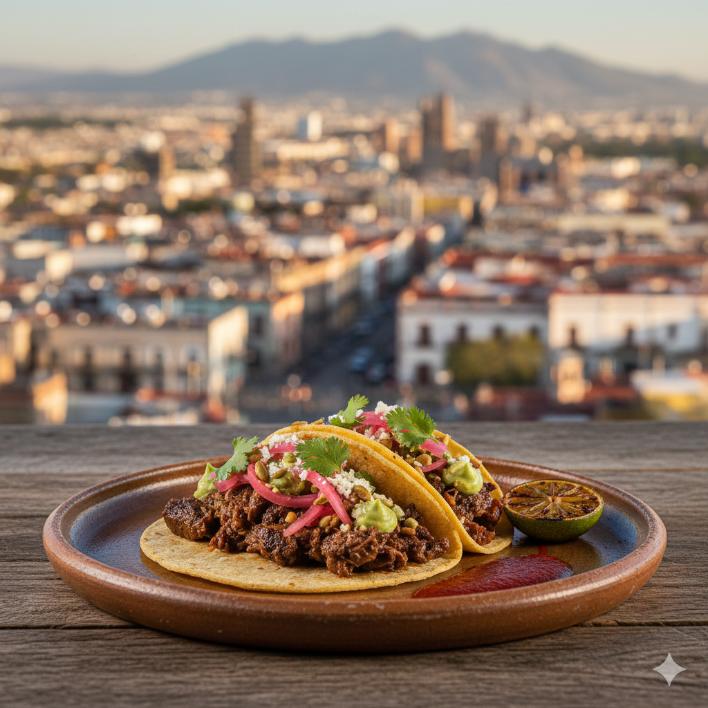 Two professional chef-style beef tacos served on a rustic plate with a blurry Mexico City skyline view.