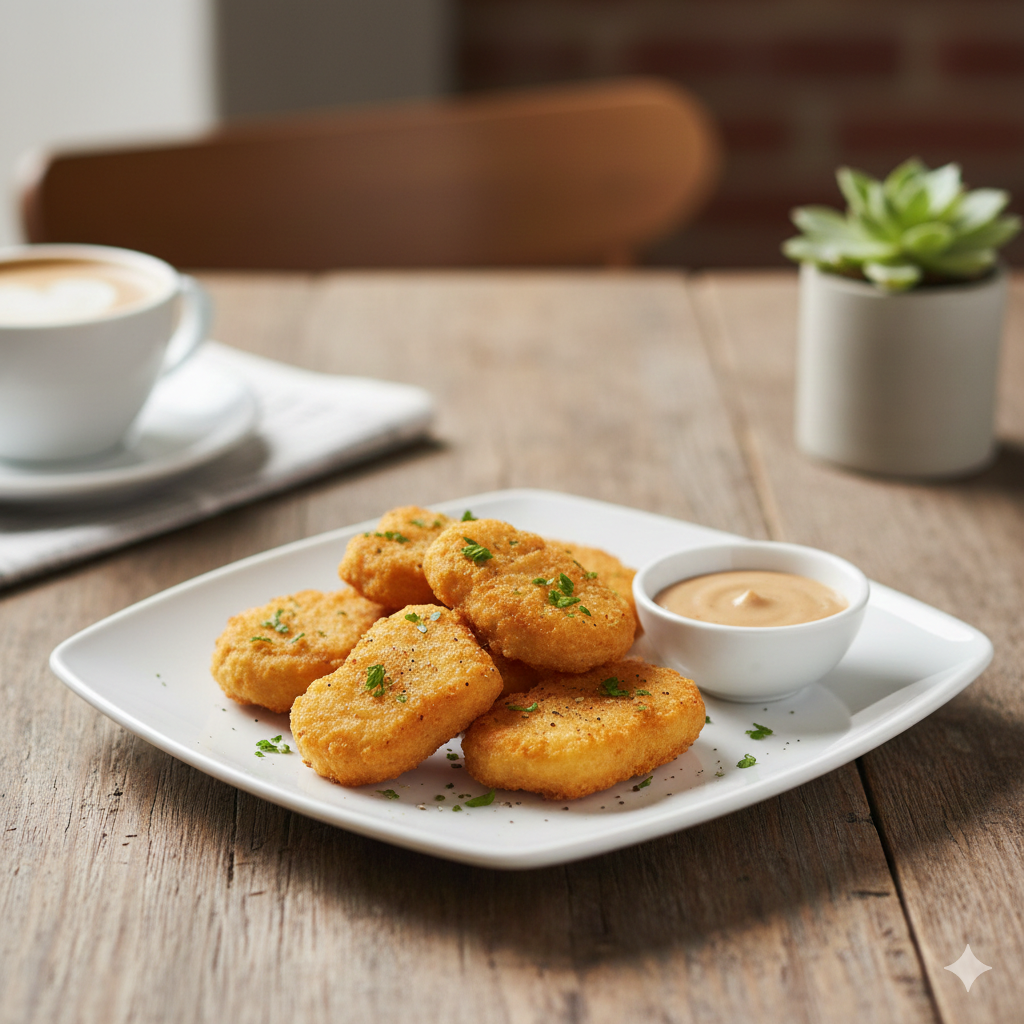 A plate of crispy chicken nuggets garnished with parsley served on a rustic wooden cafe table with a cup of coffee and a blurred background