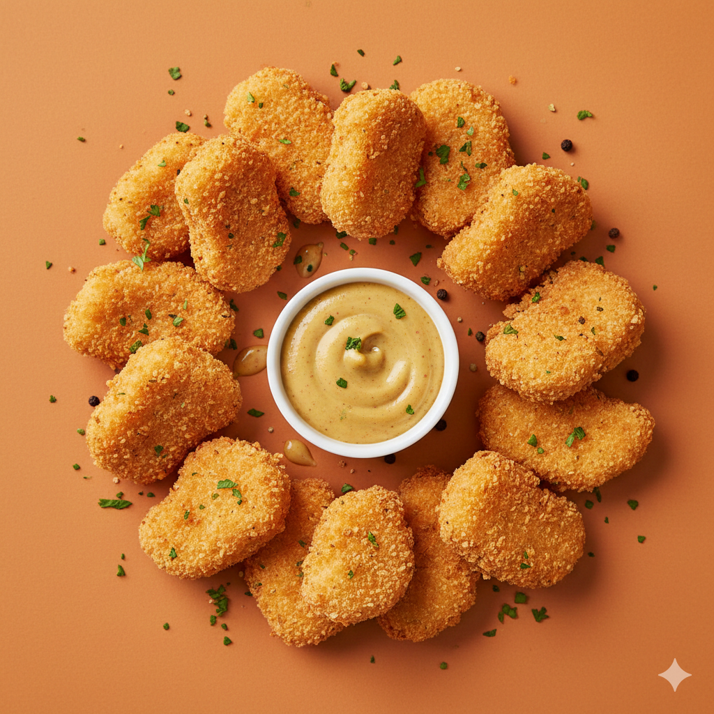 A professional overhead food photography of crispy golden chicken nuggets arranged in a circle with a creamy dipping sauce in the center on a warm orange background.