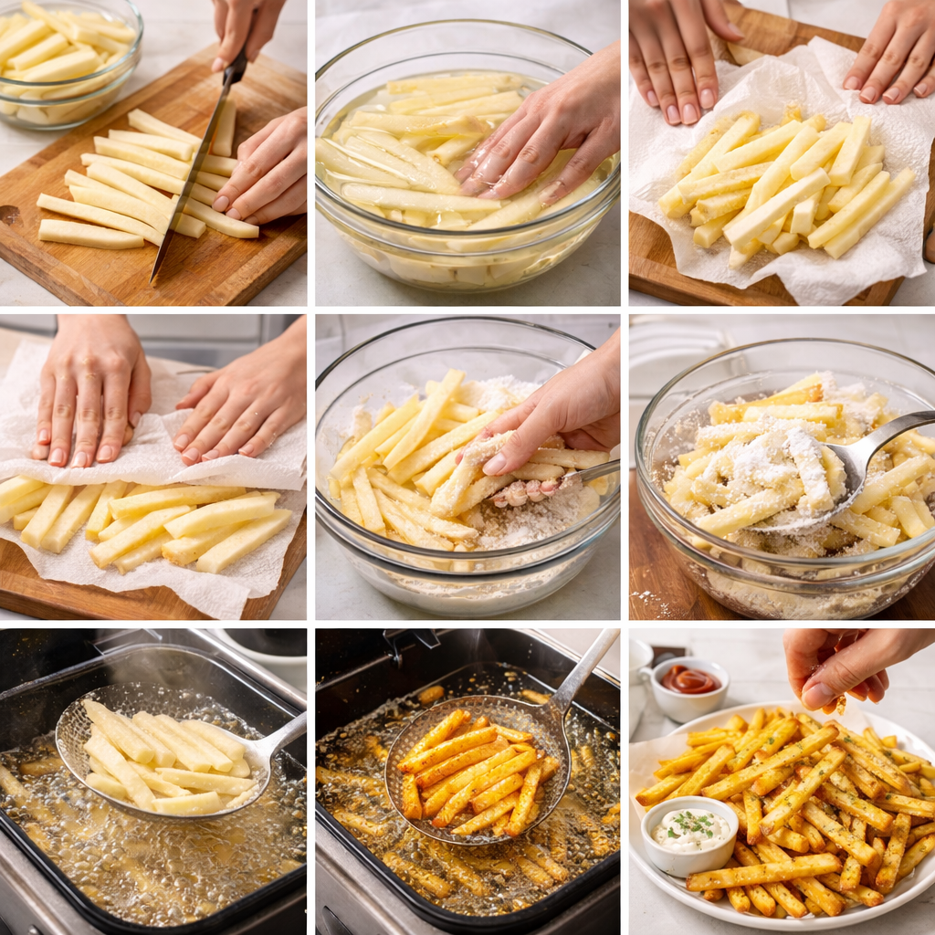 Step by step french fries recipe divided into 9 steps in one picture.