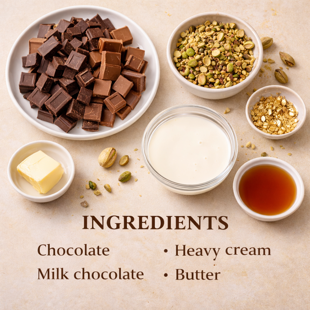 Flat lay of Dubai chocolate ingredients including chocolate, pistachios, butter, cream, and honey