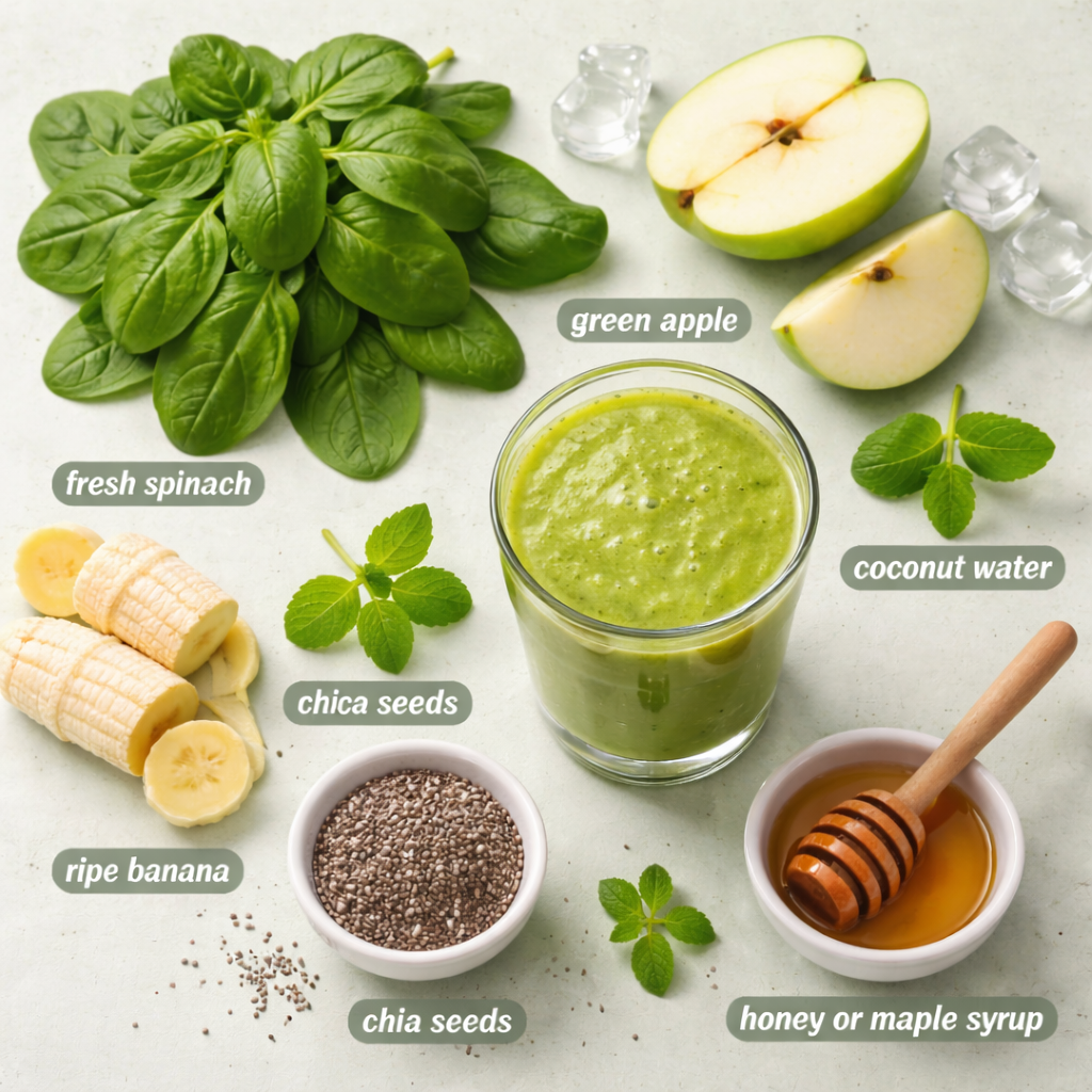 Top view of fresh ingredients for easy morning detox smoothie including spinach, green apple, banana, chia seeds, honey, and coconut water on clean background
