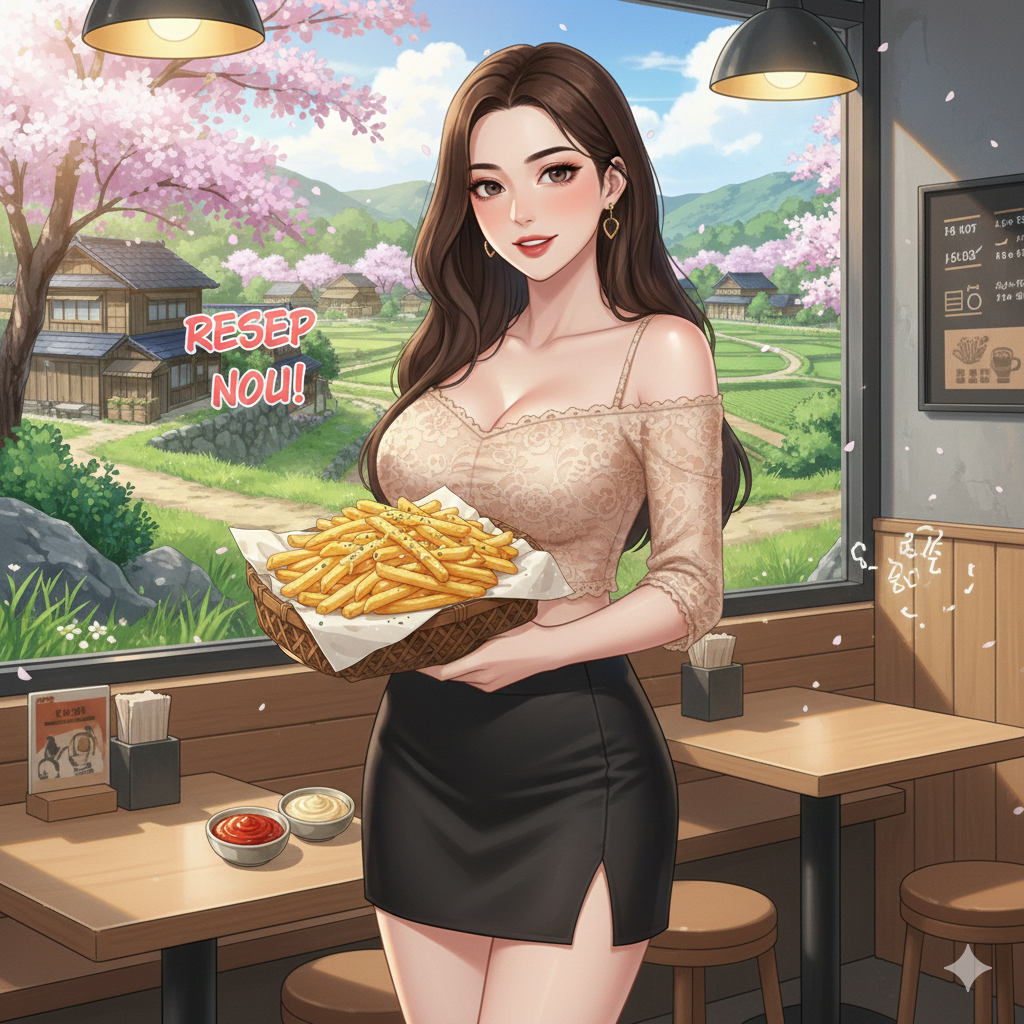 Elegant and beautiful woman in a stylish outfit holding a basket of french fries in a cozy cafe setting with a scenic window view, anime illustration