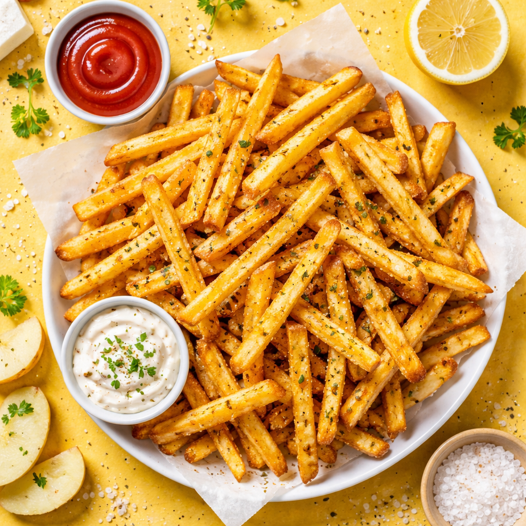 Top view of extra crispy homemade French fries served on a white plate with dipping sauces on a solid color background