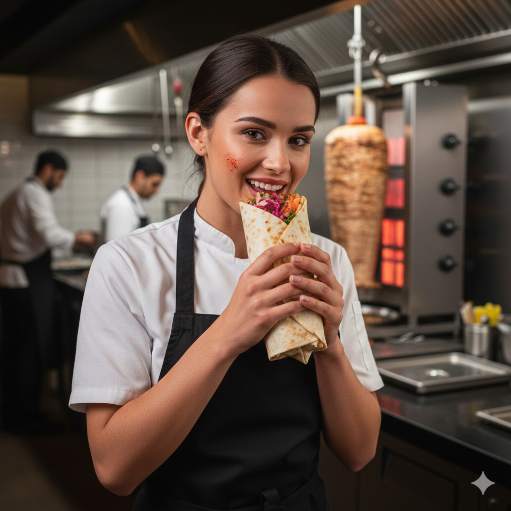 A professional female chef in uniform enjoying a tasty Shawarma wrap in a busy kitchen