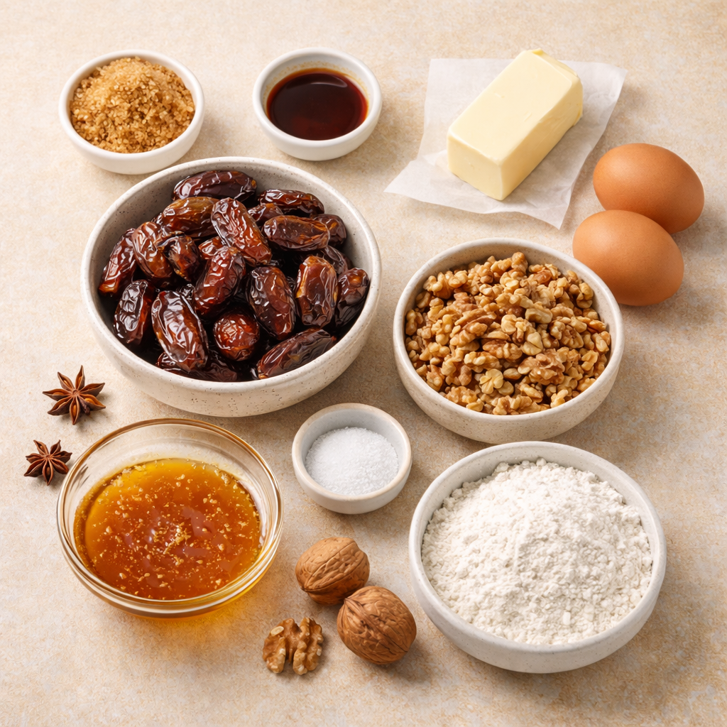 Top view of Food for the Gods ingredients including dates, walnuts, flour, eggs, butter, brown sugar, and vanilla arranged on a neutral background