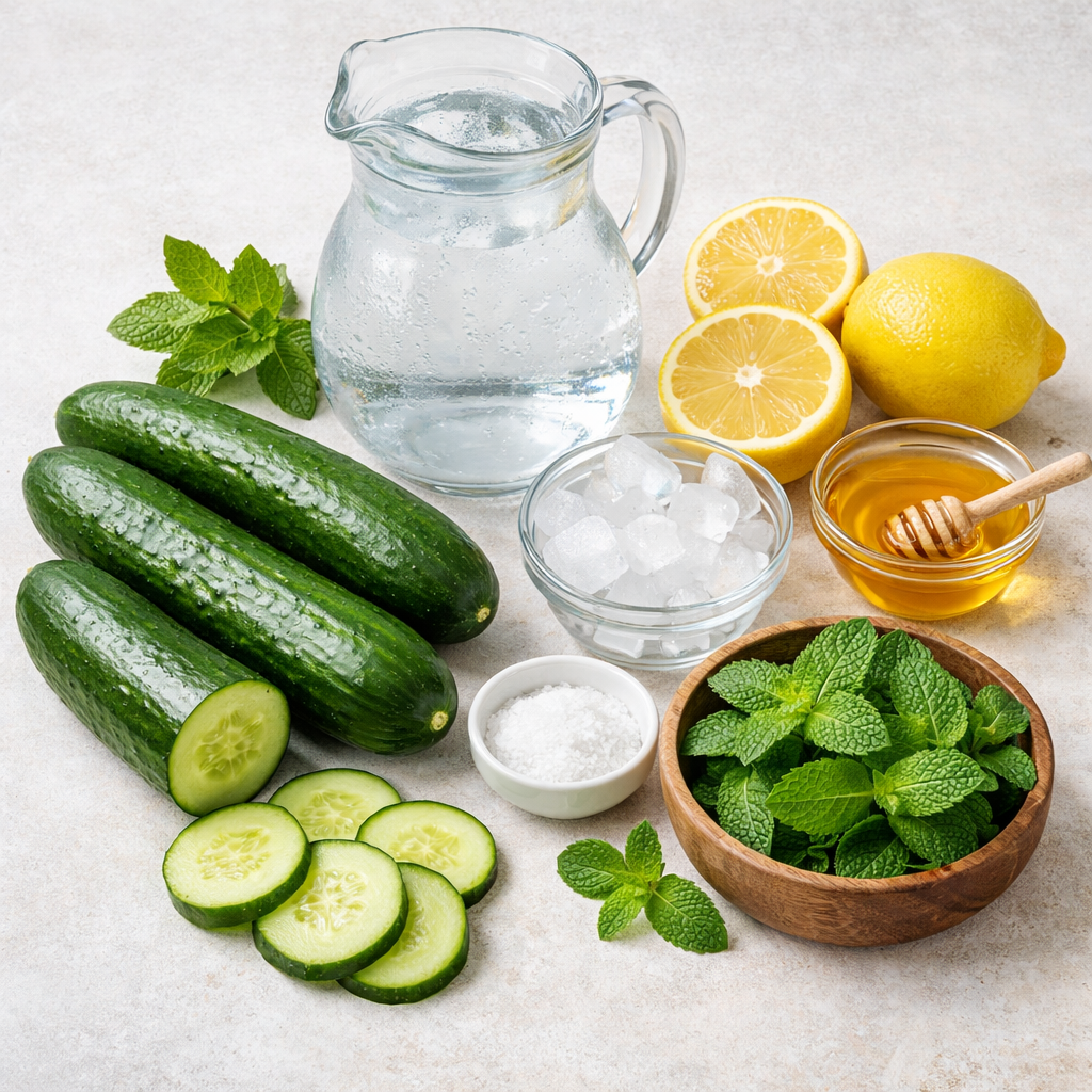Fresh cucumber juice ingredients including whole cucumbers, sliced lemon, mint leaves, honey, ice cubes, and cold water arranged on a light kitchen surface for a healthy detox drink recipe