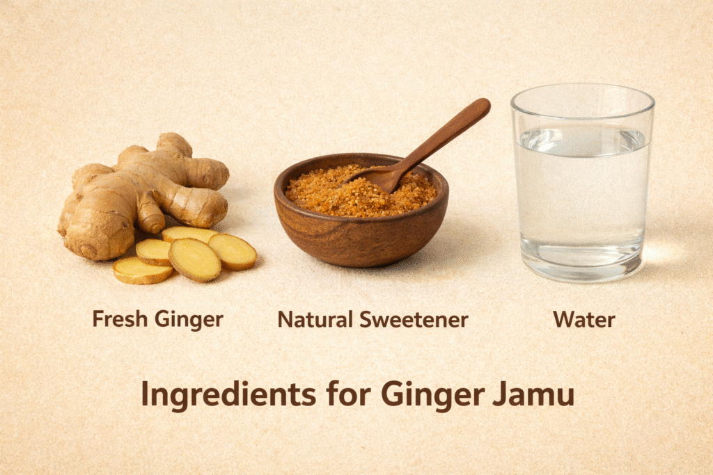 Fresh ginger root, natural sweetener, and water displayed together as ingredients for homemade ginger jamu, a traditional herbal drink for daily wellness.