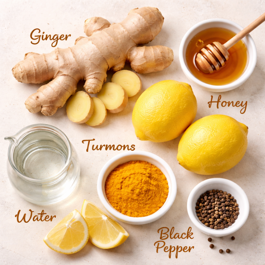 Fresh ingredients for homemade ginger lemon shot including ginger root, whole lemons, honey, turmeric powder, black pepper, and water arranged on a light background.