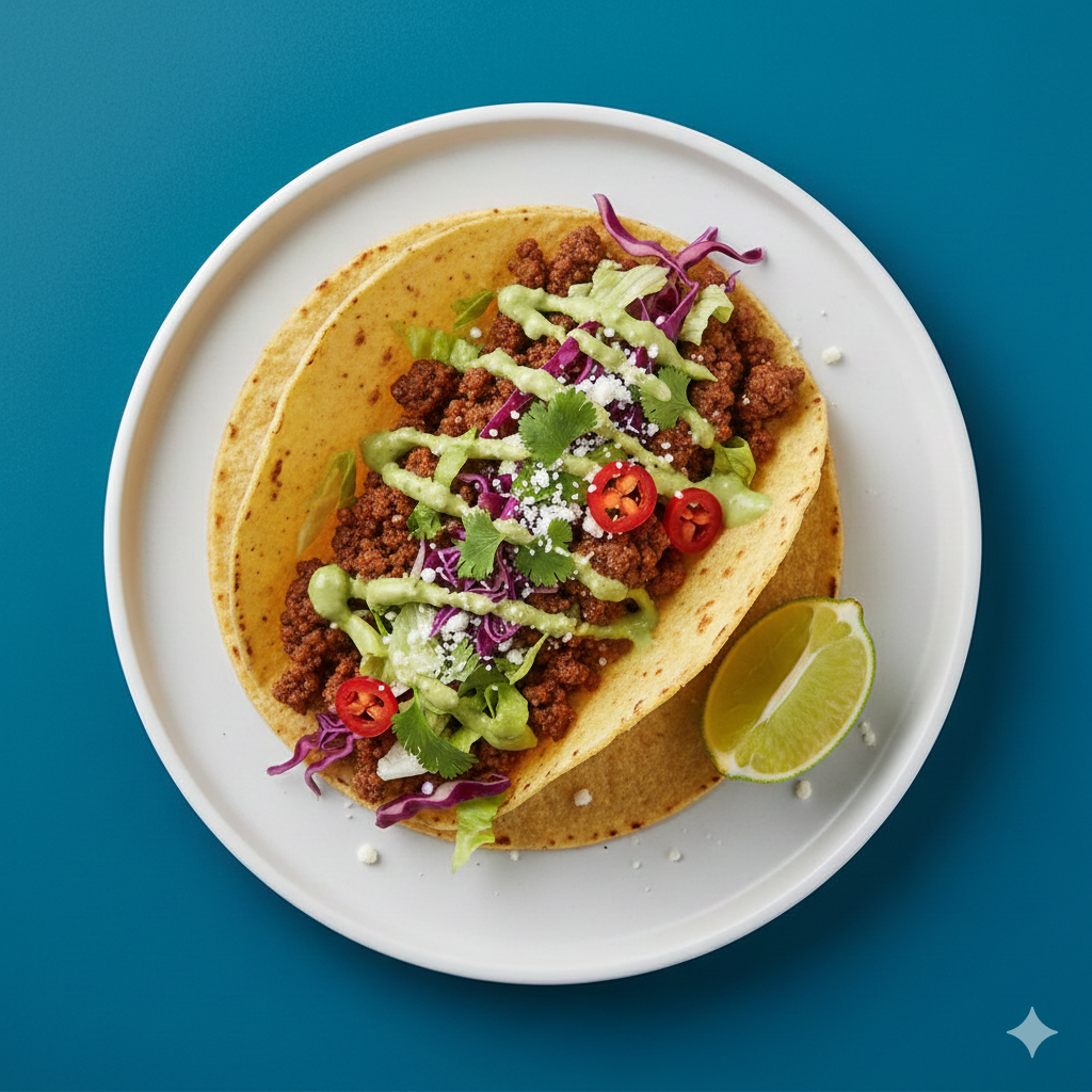 Flat lay photography of a gourmet beef taco with lime on a white plate and blue background