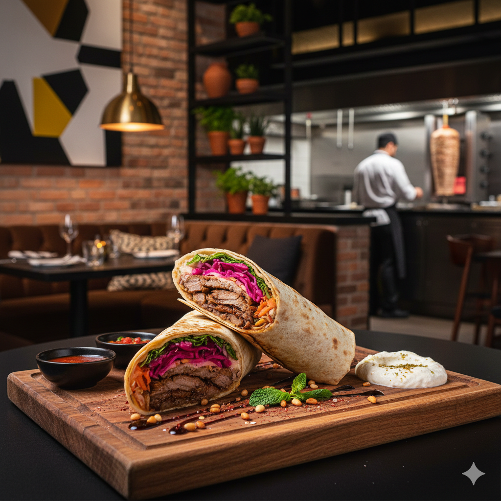 Gourmet Shawarma wrap served on a wooden board in a modern Mediterranean restaurant interior