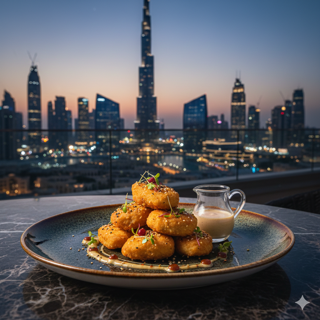 Gourmet chef-style chicken nuggets plated elegantly on a marble table with the majestic Dubai skyline and Burj Khalifa in the background during twilight